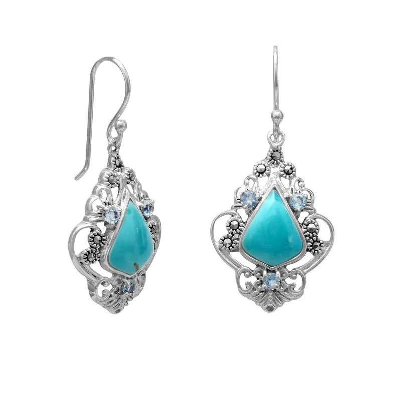 Bright druzy earrings-Sterling Silver Marcasite Blue Topaz and Reconstituted Turquoise Drop Earrings