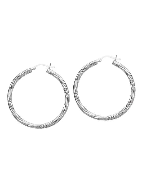 Broad hoop earrings-Classic Twist Hoop with Texture Earrings Rhodium on Sterling Silver 45mm