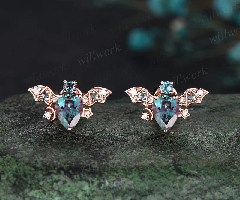 Solid cuff earrings-Vintage pear alexandrite stud earrings rose gold moon bat unique earrings June birthstone anniversary gift for women