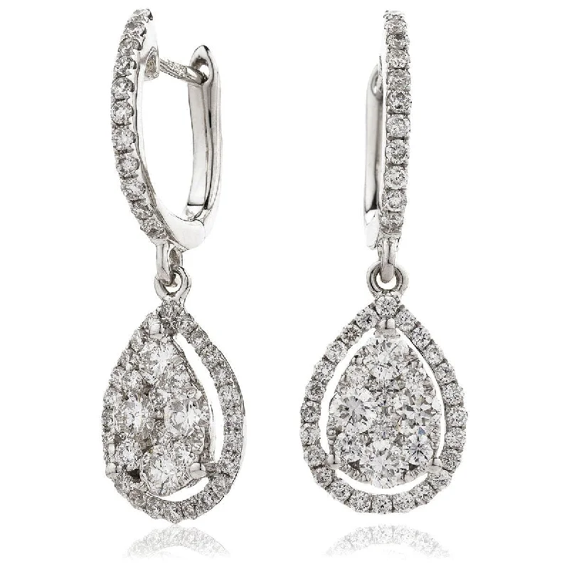 Solid statement earrings-DIAMOND CLUSTER AND HALO DROP EARRINGS IN 18K WHITE GOLD