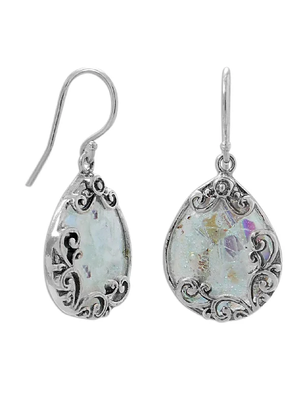 Tide design earrings-Ancient Roman Glass Earrings Filigree Design Handcrafted Sterling Silver