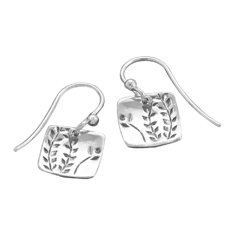 Tiered drop earrings-Fern Vine Design Sterling Silver Small Square Tag Dangle Earrings