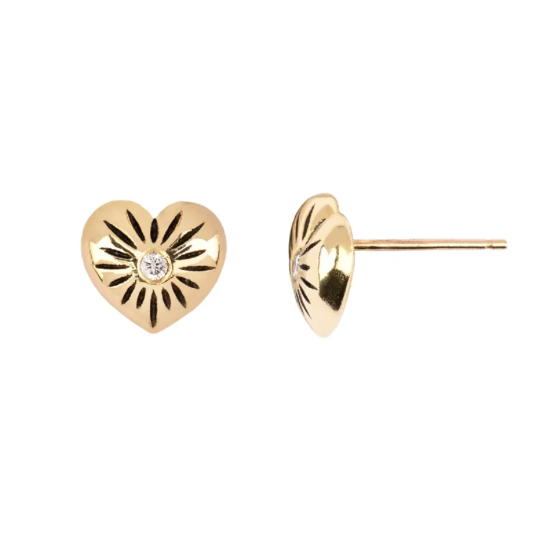 Cedar wood earrings-Small 14K Gold Puffed Heart Diamond Set Stud