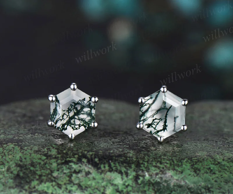 Leaf pattern earrings-Hexagon cut green moss agate stud earrings 14k white gold Solitaire Minimalist 6 prong earrings anniversary gift for women