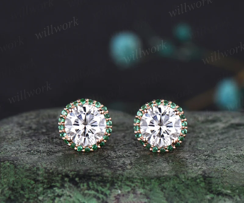 Glossy gold earrings-WillWork Jewelry Moissanite Round Cut Earrings Vintage halo Earrings emerald around Promise Earrings