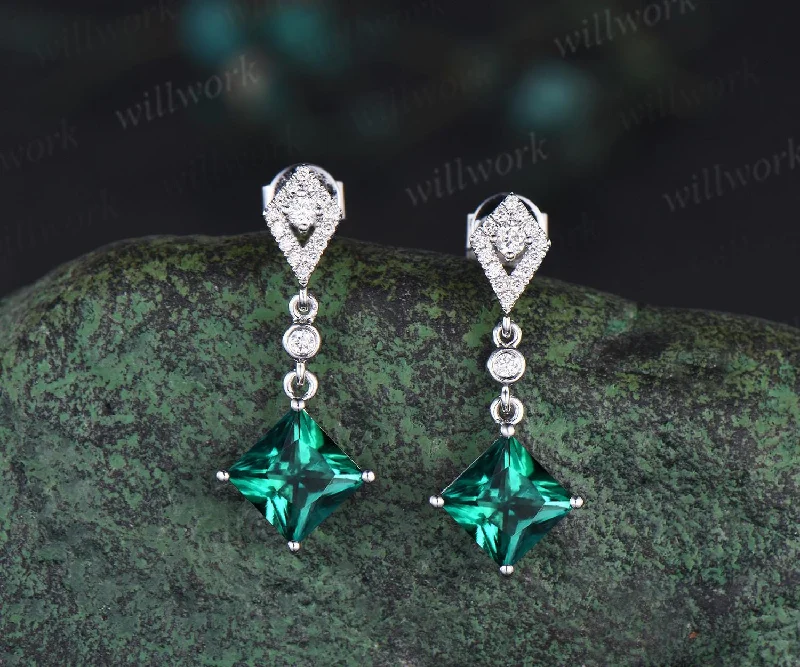 Spinel earrings-1ct princess cut green emerald earrings women 14k white gold bezel kite halo diamond drop earrings May birthstone anniversary gift for her