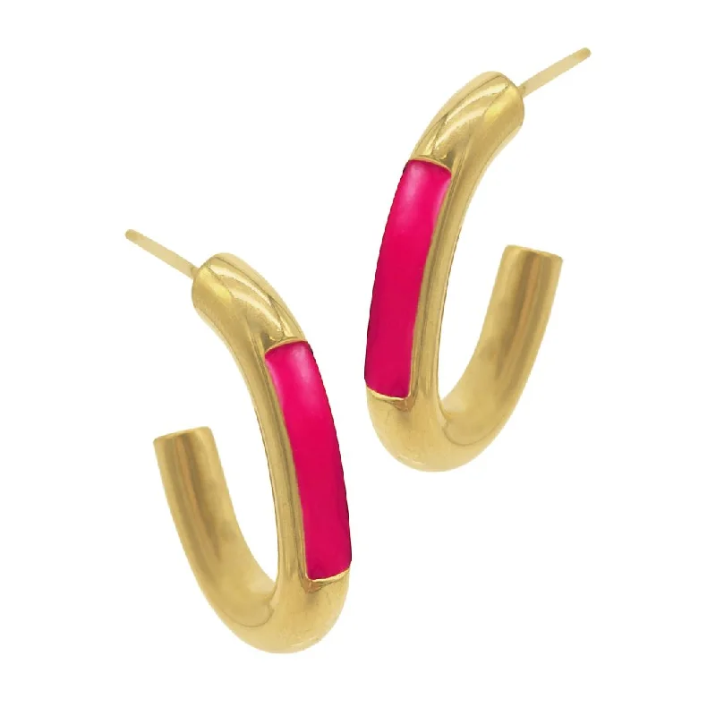 Fine triangle earrings-Tarnish Resistant 14k Gold Plated Oval Hoops with Pink Highlight