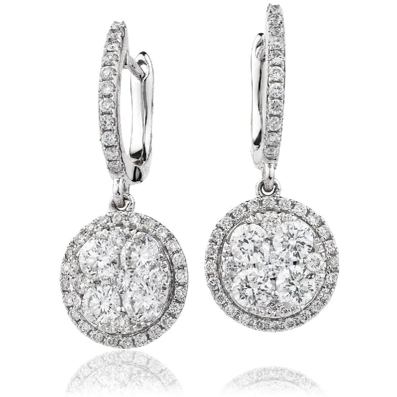 Fine pearl earrings-DIAMOND CLUSTER AND HALO DROP EARRINGS IN 18K WHITE GOLD