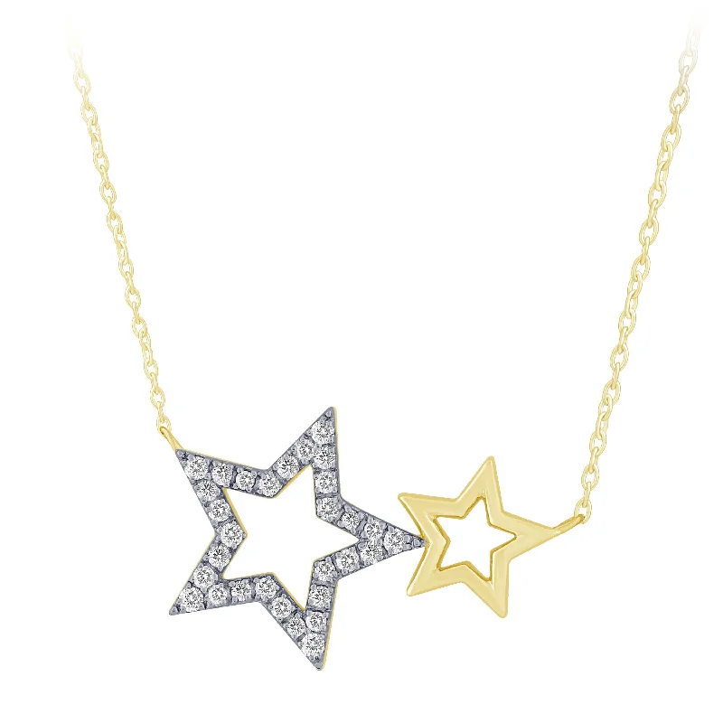 Raised bar necklaces-Double Star Necklace in 14K White And Yellow Gold .15ct