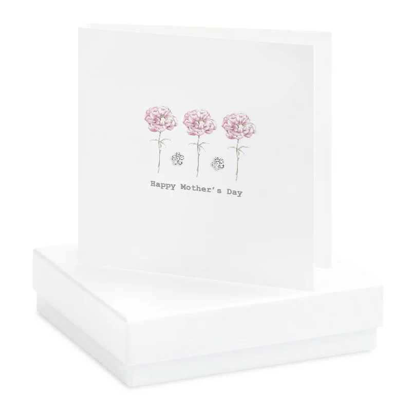 Mothers Day Peony Card with Stud Earrings in Sterling Silver - Boxed Gift Card Included