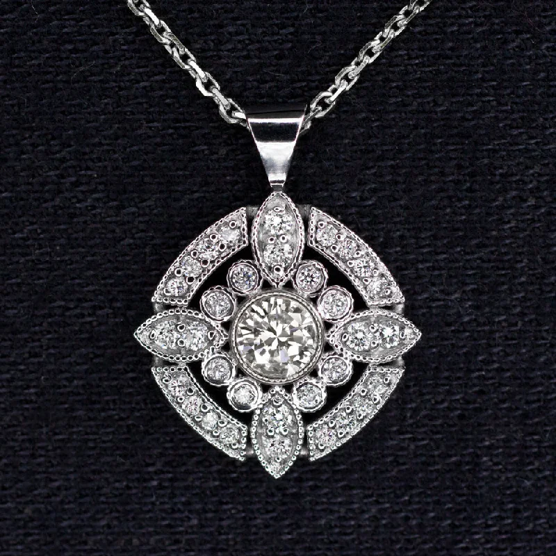 Full bib necklaces-NATURAL DIAMOND PENDANT VINTAGE STYLE HALO NECKLACE ART DECO 14k WHITE GOLD