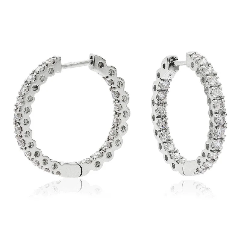 Sleek gem earrings-DIAMOND CLAW SETTING HOOP EARRINGS IN 18K WHITE GOLD