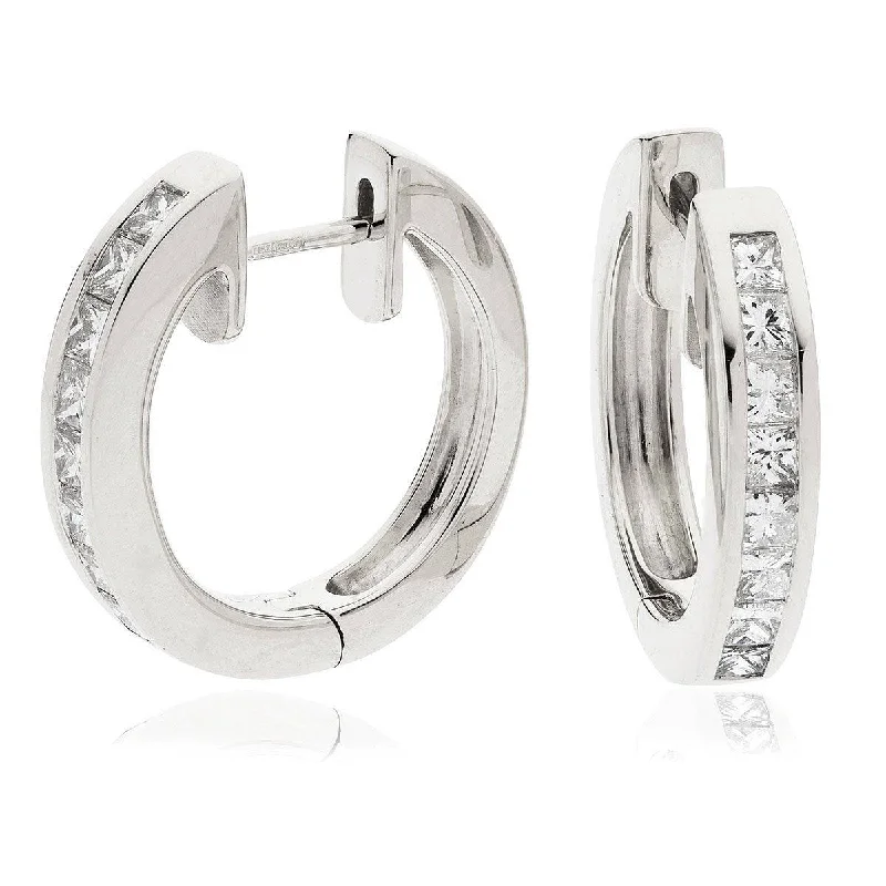 Fine heart earrings-PRINCESS CUT DIAMOND CHANNEL SETTING HOOP EARRINGS IN 18K WHIE GOLD