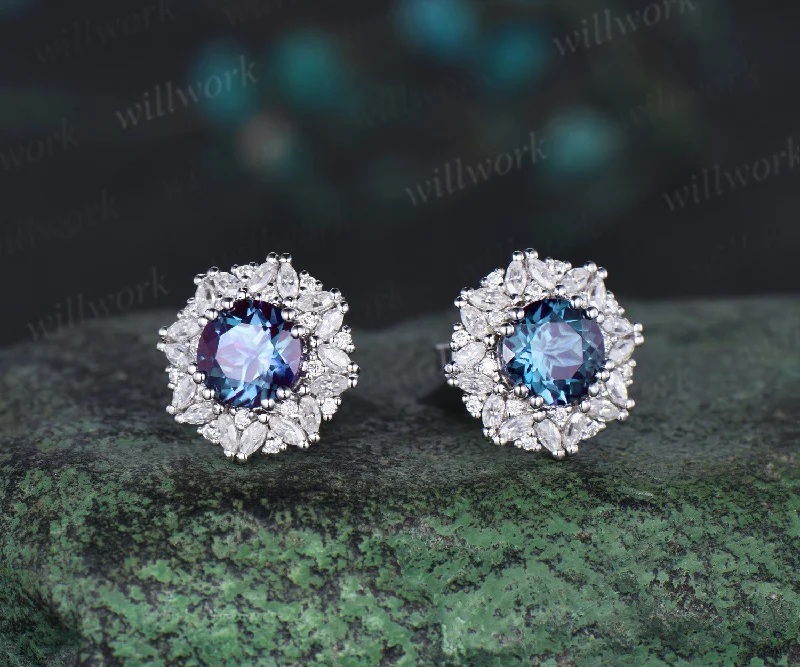 Fine star earrings-Vintage round cut Alexandrite Earrings women solid 14k white gold 8 prong double halo marquise moissanite Stud Earrings Anniversary Gift