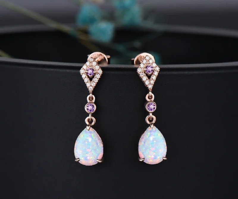 Amethyst stud earrings-Vintage pear white opal earrings women solid 14k rose gold dainty bezel amethyst kite halo diamond drop earrings anniversary gift for her