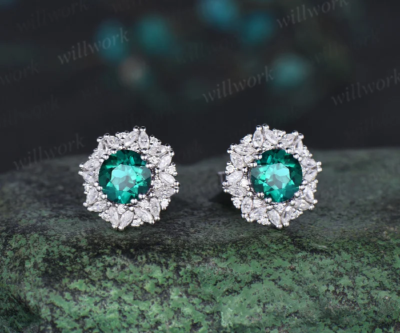 Light bead earrings-Vintage round cut green emerald Earrings women solid 14k white gold 8 prong double halo marquise moissanite Stud Earrings Anniversary Gift