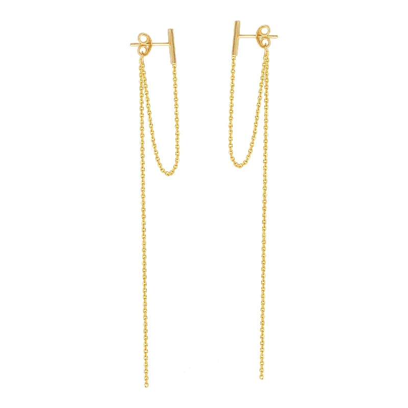 Bead weave earrings-Staple Bar Drop Earrings 14k Yellow Gold Connected and Long Drop Chains