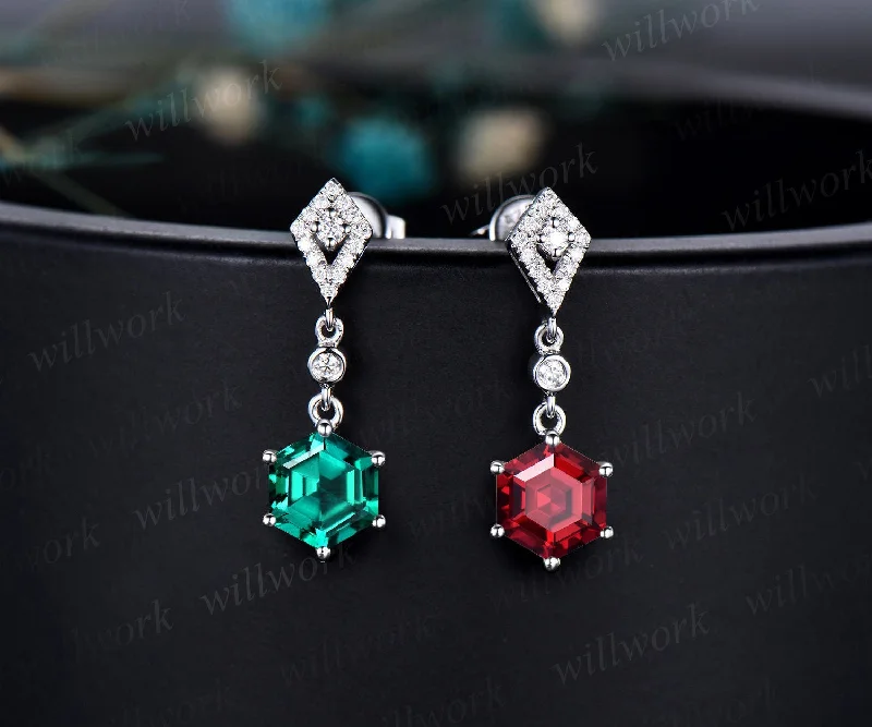 Curved design earrings-Vintage 1ct hexagon cut ruby and emerald earrings women solid 14k white gold kite halo diamond drop earrings anniversary gift her jewelry