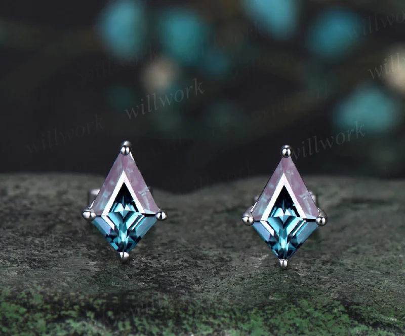 Soft threader earrings-Kite cut alexandrite earrings solid 14k white gold June birthstone Solitaire drop earrings women