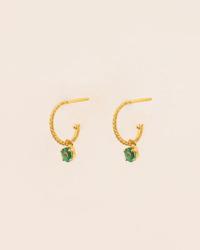 18K Gold Hoops w. Green Emerald