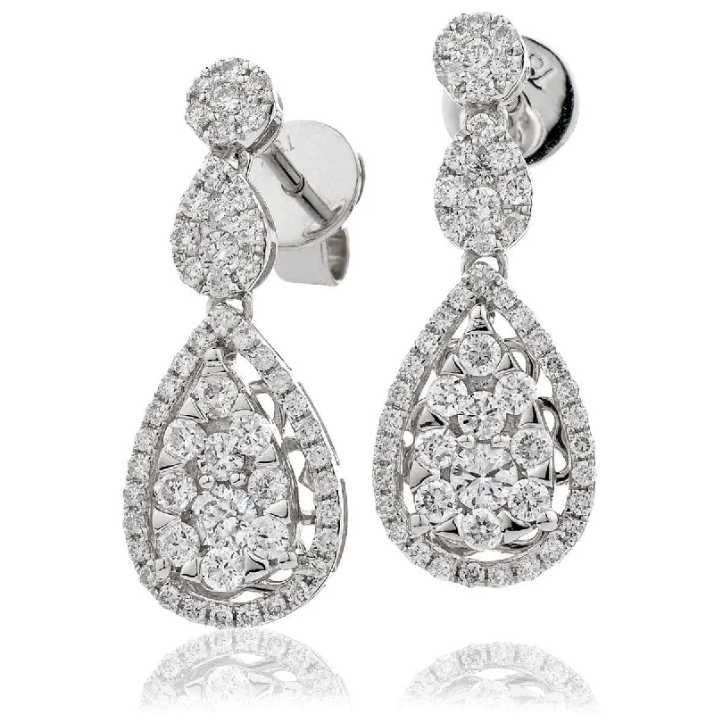 Wide hoop earrings-DIAMOND CLUSTER DROP EARRINGS IN 18K WHITE GOLD