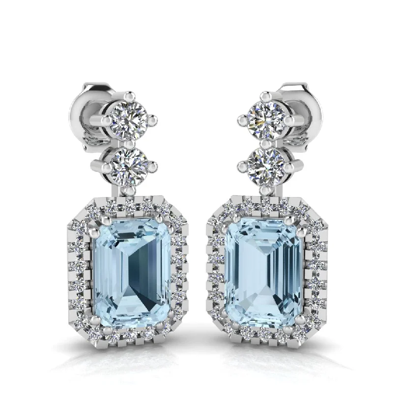 Playful pair earrings-Emerald Cut 1 Carat Aquamarine Lab Grown Diamond Halo Drop Earrings E1ECA