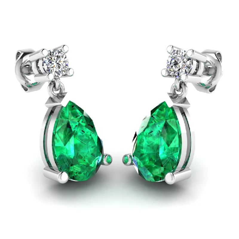 Curved design earrings-Emerald Gem Pear Shape Natural Diamond Drop Earrings EDPSE