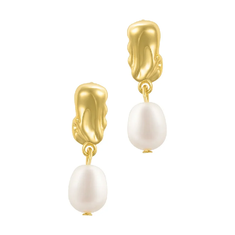 Light wood earrings-14k Gold Plated Freshwater Pearl Mini Drops with Organic Detail