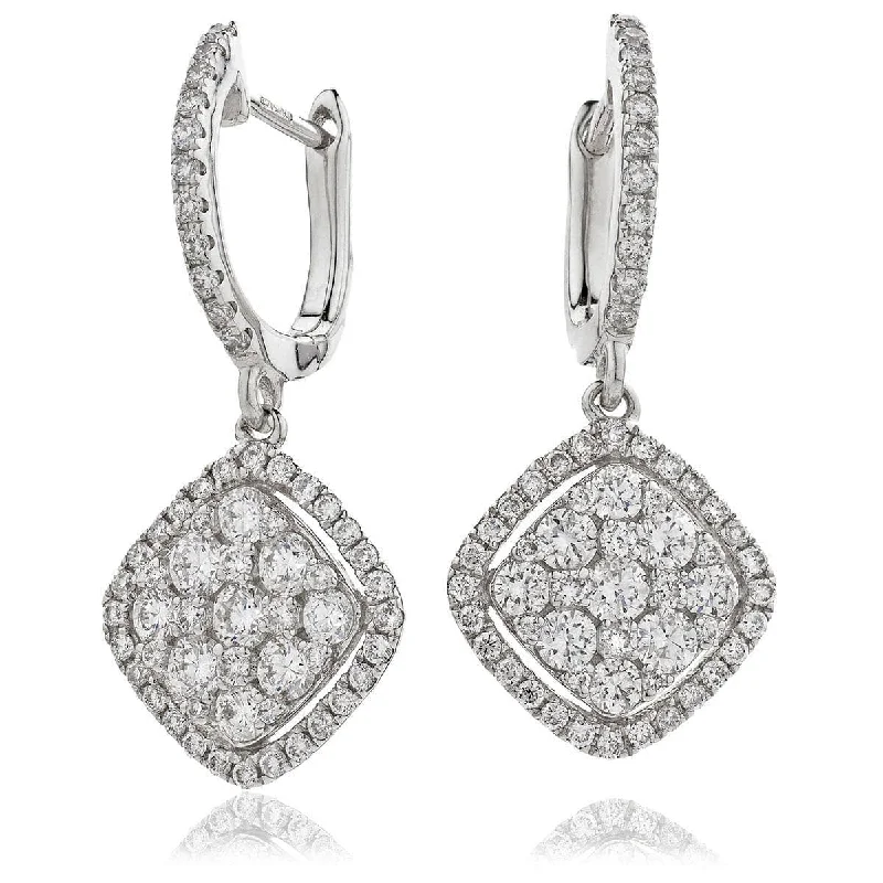 Zodiac charm earrings-DIAMOND CLUSTER AND HALO DROP EARRINGS IN 18K WHITE GOLD