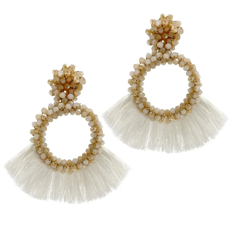 Thin hoop earrings-Beaded Drop Earrings with White Fringes