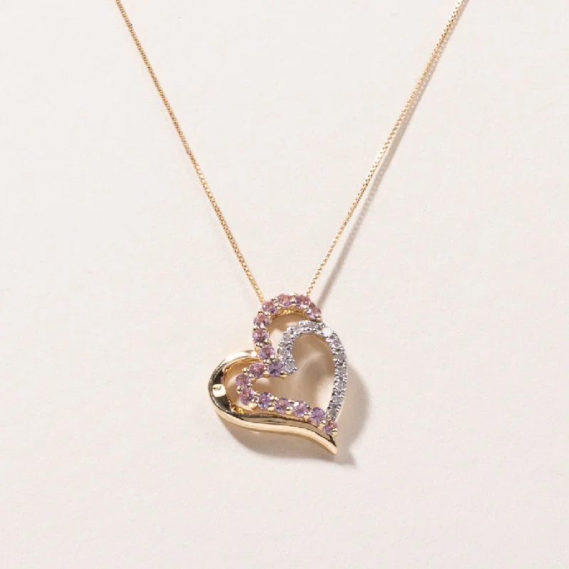 Stretch thread necklaces-10K Yellow Gold Pink Topaz & Diamond Heart Pendant Necklace | 0.32ctw, 0.12ctw | 22" |