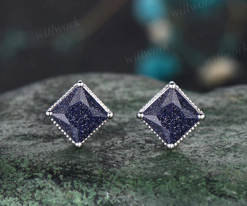 Overhand knot earrings-Milgrain Princess Cut Blue Sandstone Solitaire Earrings Vintage Antique Blue Gemstone Galaxy Healing Stud Earrings Delicate Night Sky Promise Earrings