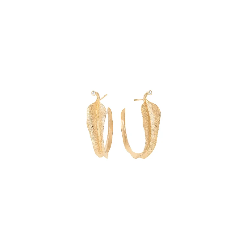 Small Leaves 18K Gold Hoops w. Diamonds