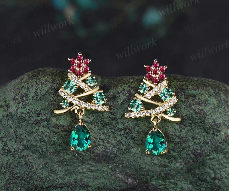 Onyx earrings-Christmas Tree Pear-cut Emerald Earrings Round Ruby Moissanite Earrings