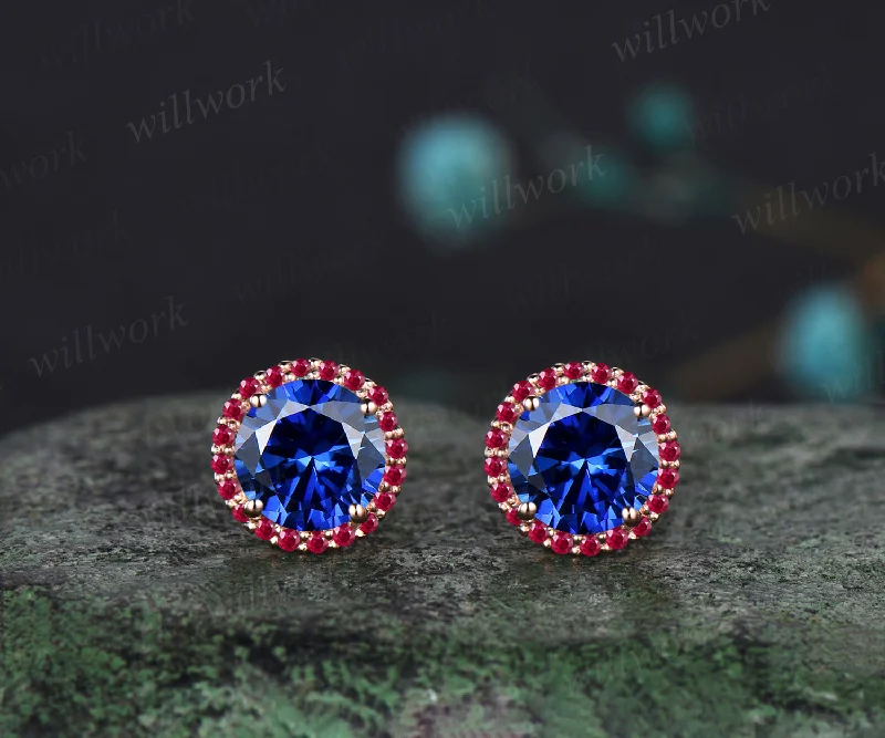 Simple cross earrings-WillWork Jewelry sapphire Round Cut Earrings Vintage halo Earrings ruby around Promise Earrings