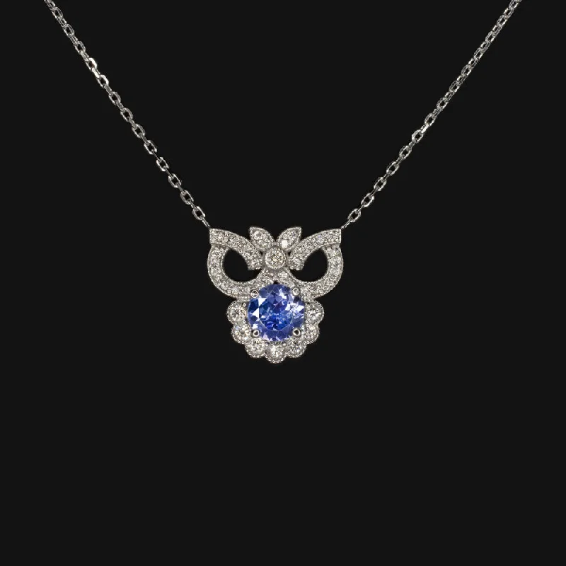 Alloy metal necklaces-TANZANITE DIAMOND PENDANT VINTAGE STYLE NECKLACE EDWARDIAN 14k WHITE GOLD BLUE