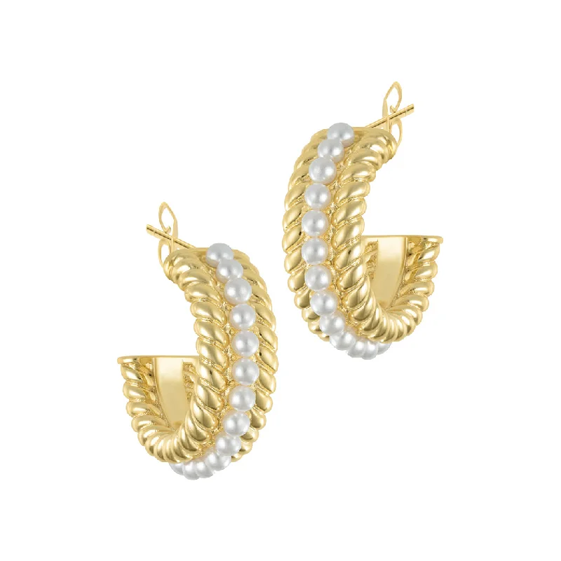 Onyx earrings-Tarnish Resistant 14k Gold Plated Pearl Cable Hoops