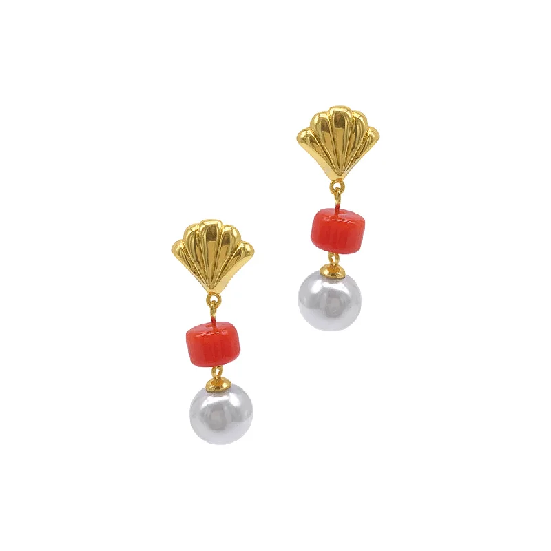 Braided cord earrings-14k Gold Plated Pearl and Shell Drop Drop Earrings