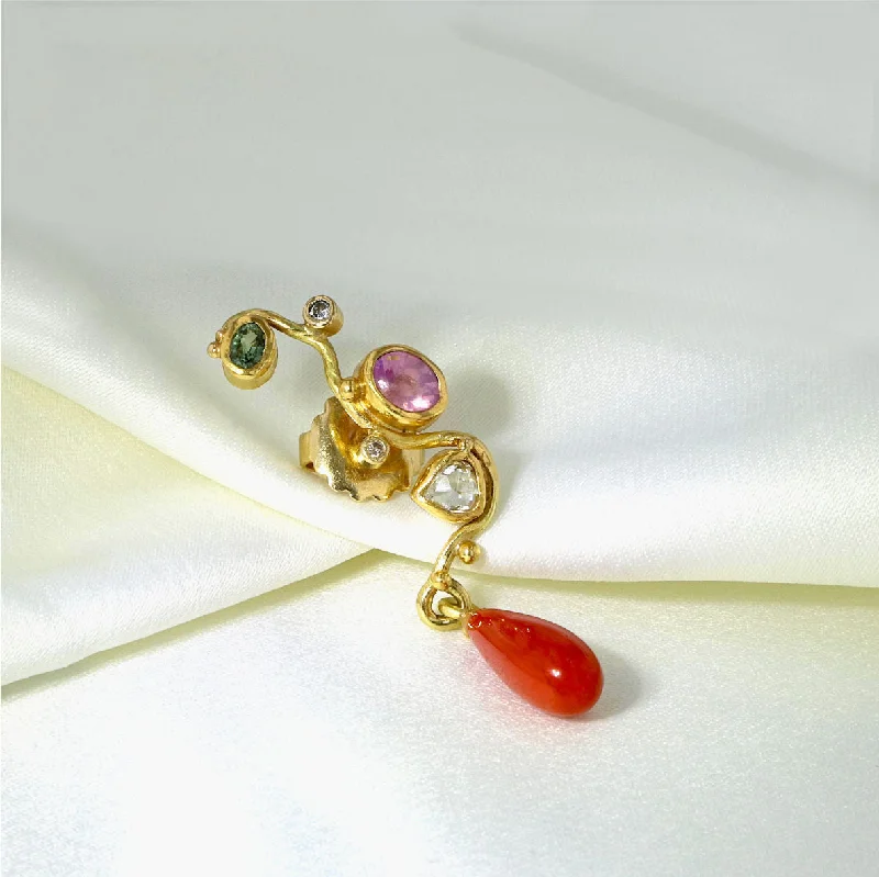 Seafire 18K & 22K Gold Earring w. Diamond, Sapphires & Coral