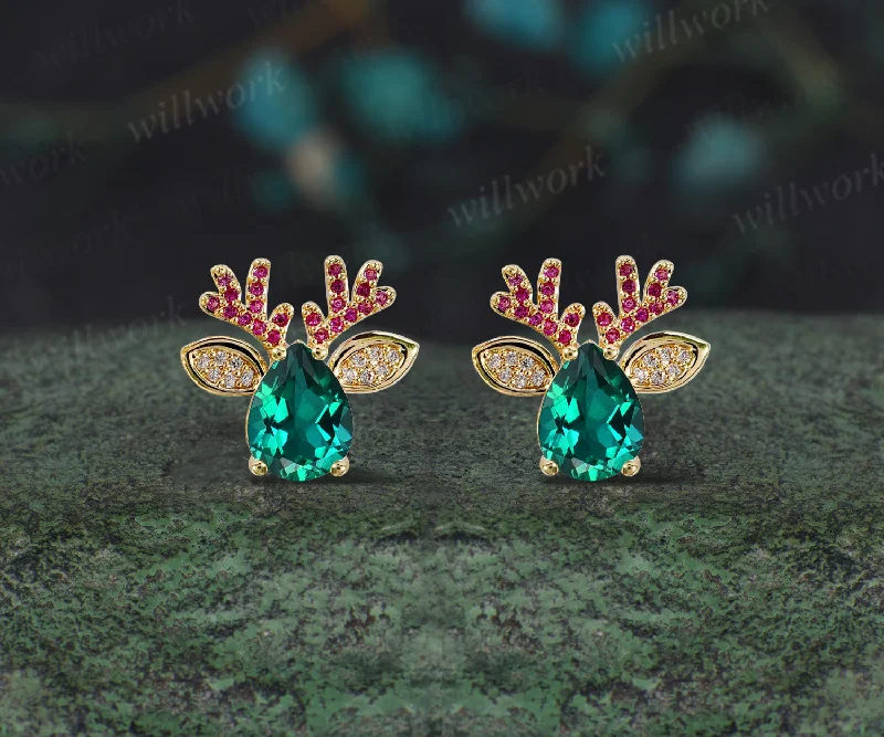 Patina bronze earrings-Christmas Deer Pear-cut Emerald Earrings 14k Yellow gold Ruby Moissanite Earrings Jewelry Xmas Gift for Her