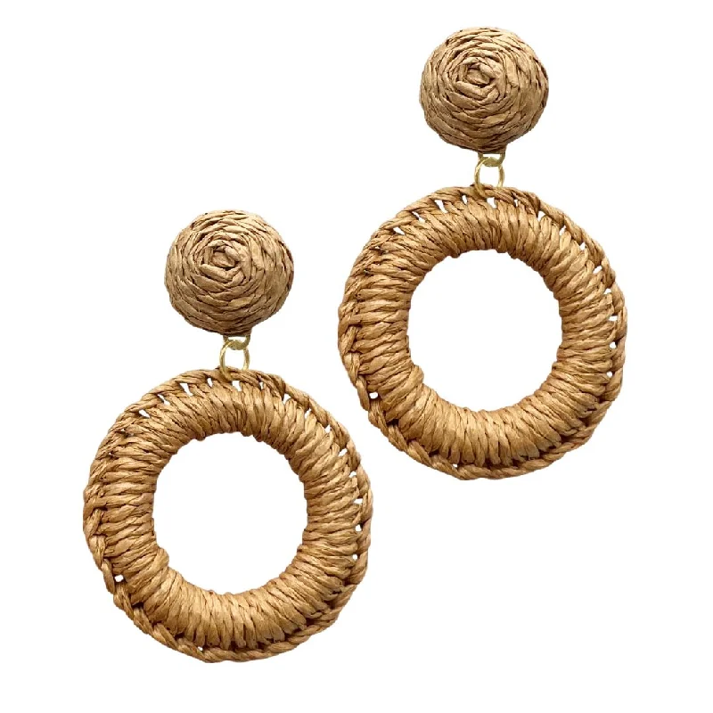 Square dangle earrings-Brown Raffia Basket Weave Drop Circle Earrings