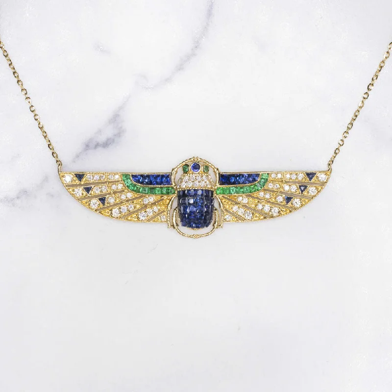 Half moon necklaces-ART DECO STYLE SCARAB NECKLACE DIAMOND SAPPHIRE EMERALD 18k GOLD VINTAGE PENDANT