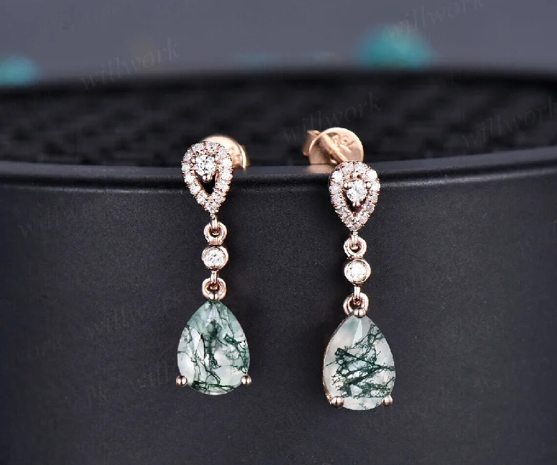 Polished art earrings-Vintage pear shaped green moss agate earrings solid 14k rose gold halo diamond drop earrings women dainty anniversary gift for her