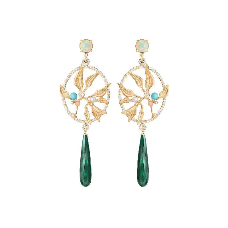 Exclusive Dream Catcher 18K Gold Earrings w. Diamonds, Moonstone, Pearl, Opal, Turquoise & Malachite