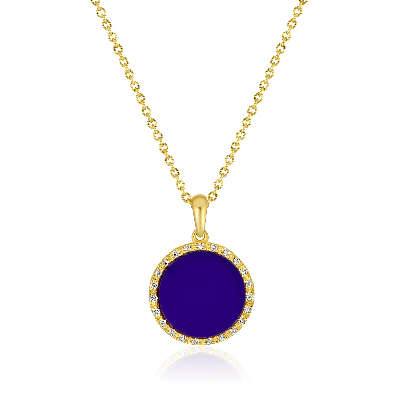 Bright druzy necklaces-Round Blue Lapis with Diamond Halo Necklace