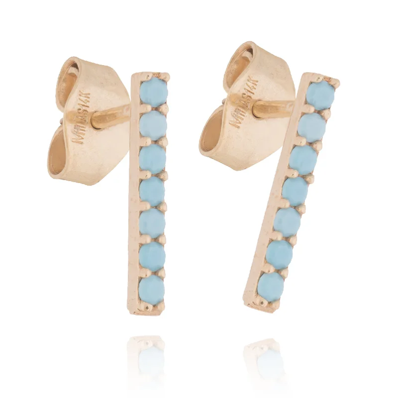 Heavy ring earrings-14k Yellow Gold Bar Post Stud Earrings with Simulated Nano Turquoise