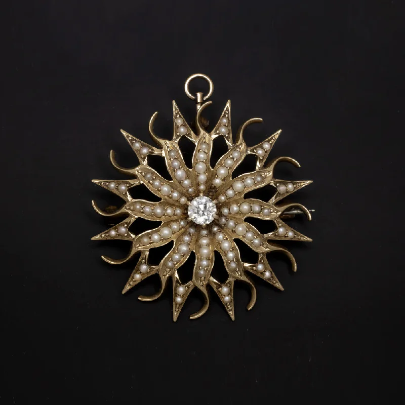 Stellar sign necklaces-VICTORIAN DIAMOND PEARL STARBURST PENDANT PIN OLD EUROPEAN CUT SUN 14K NECKLACE