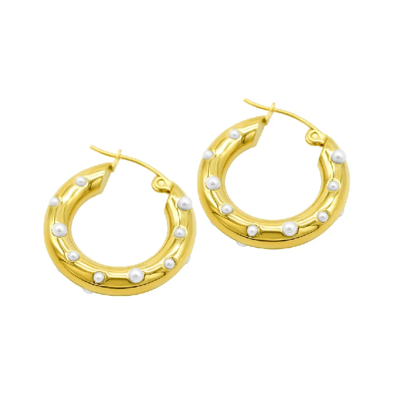 Soft cord earrings-Tarnish Resistant 14k Gold Plated Pearl-Studded Hoop Earrings