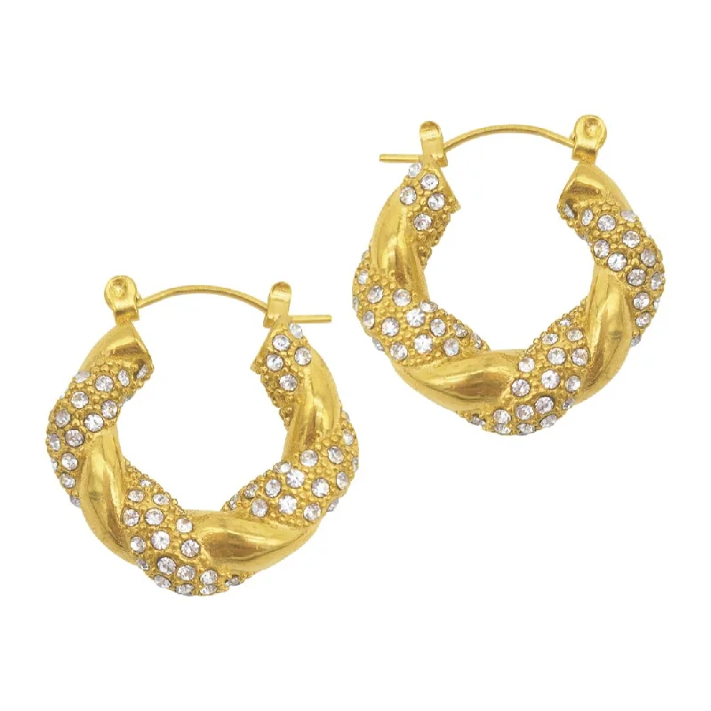 Subtle drop earrings-Tarnish Resistant 14k Gold Plated Twist Pave Wide Hoops