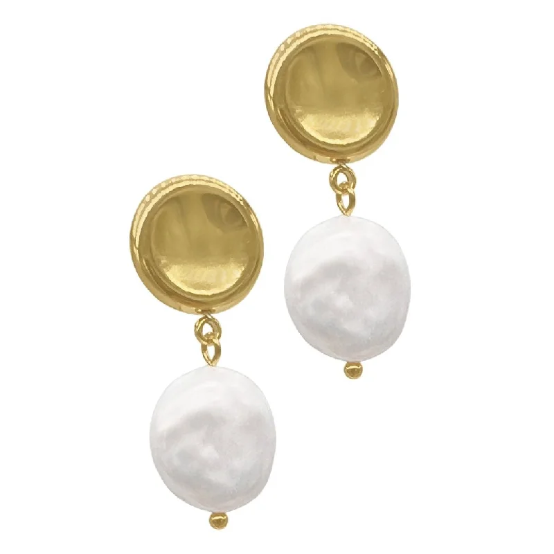 Shiny stud earrings-Tarnish Resistant 14k Gold Plated Coin Freshwater Pearl Drop Earrings